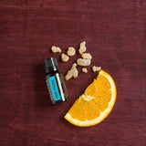 dōTERRA DDR Prime 15ml – Holz, Bordeaux-Scheibe, Orange, Kristalle und Harz als Zutaten-Stillleben | doTERRA