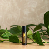dōTERRA Helichrysum Touch Roll-On 10ml – Hand hält Flasche in botanischer Szene | doTERRA