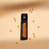 dōTERRA MetaPWR Perlen Flasche vertikal mit orangen Perlen auf Toast-Hintergrund Aufsicht | doTERRA