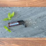 dōTERRA Pfefferminze Beadlets auf grauem Schiefer mit Minzblättern Aufsicht | dōTERRA