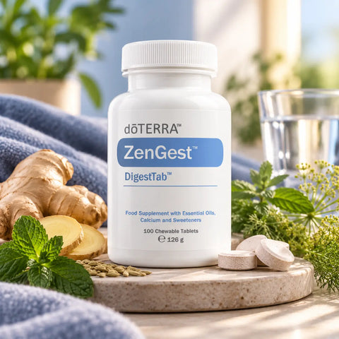 dōTERRA ZenGest DigestTab Ingwer, Minze und Fenchel auf Tablett und Stein im Studio | doTERRA